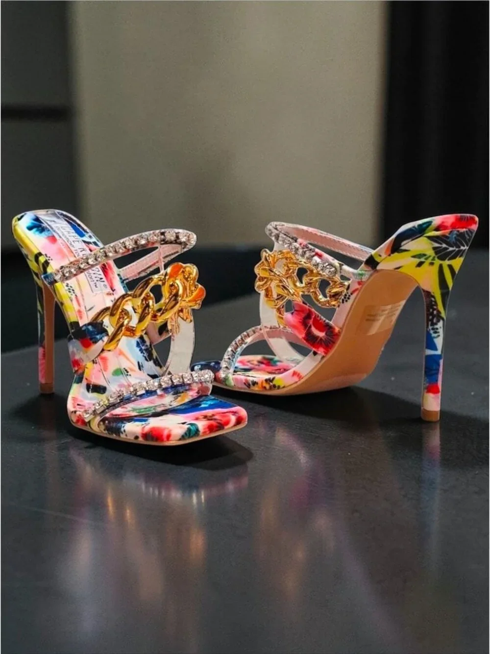 Floral Open-Toe High Heels With Rhinestone & Gold Chain Straps Multicolor Womens - Picture 9 of 14